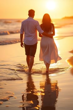 A couple strolls along a tranquil beach at sunset, bathed in golden light, creating a romantic atmosphere. Waves gently lap at their feet - Generative AI