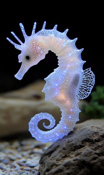 Glowing Seahorse: Bioluminescent fractal design, intricate patterns, radiant colors, mesmerizing glow, marine elegance, underwater beauty, unique visualization, luminous effect, surreal ocean life