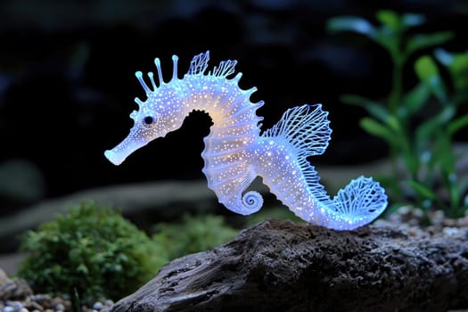 Glowing Seahorse: Bioluminescent fractal design, intricate patterns, radiant colors, mesmerizing glow, marine elegance, underwater beauty, unique visualization, luminous effect, surreal ocean life