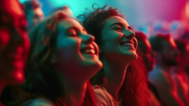 A lively crowd shares smiles and laughter as they enjoy a dynamic live music performance. Colorful lights illuminate their faces, creating an electrifying atmosphere - Generative AI