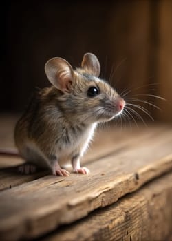 A small mouse investigates a rustic wooden surface in attic, its delicate features and curious expression highlighted in soft light - Generative AI