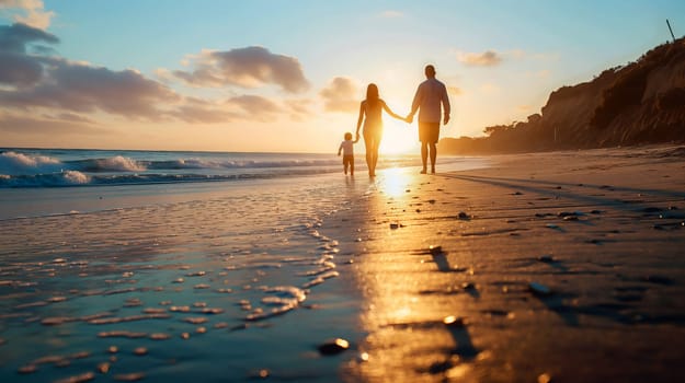 A family of three walks hand in hand along the shoreline during sunset, with the sun setting behind them and the waves gently lapping at their feet - Generative AI