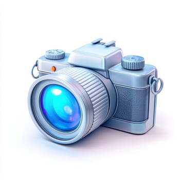 A professional camera icon with metallic silver finish and blue lens, showcasing modern design and functionality