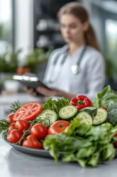 Doctor nutritionist: fresh vegetables, ripe fruits, balanced diet, proper nourishment, health strategy, wholesome food, dietary advice, nutritional focus, mindful eating, nutritious meals