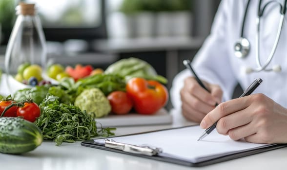 Doctor nutritionist: fresh vegetables, ripe fruits, balanced diet, proper nourishment, health strategy, wholesome food, dietary advice, nutritional focus, mindful eating, nutritious meals