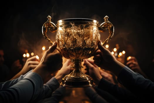 Award Presentation: Trophy grasp, victorious gesture, hands raised, prize moment, winning emblem, success celebration, accomplishment symbol, recognition gesture, competition honor, triumph display