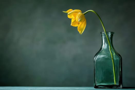 A delicate yellow flower gracefully bends in a clear glass vase, set against a dark, muted background. This minimalist arrangement evokes elegance and tranquility.