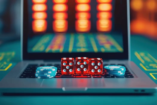 A captivating scene with red dice and colorful casino chips placed on a laptop keyboard, symbolizing the excitement of online gambling. The vibrant background enhances the atmosphere of chance and entertainment.