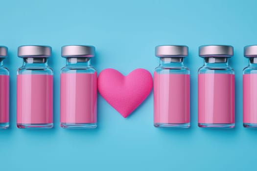 A lively arrangement of medicine bottles alongside a pink heart on a bright blue background, symbolizing care and wellness in a modern healthcare context.