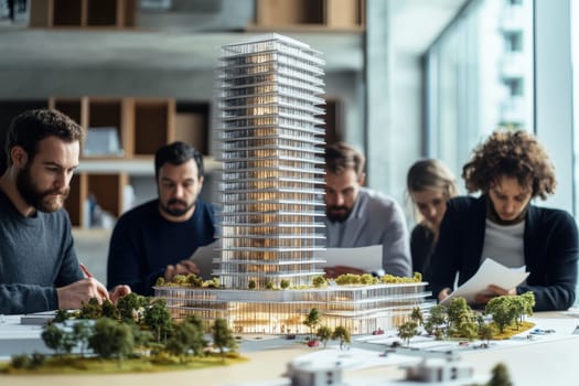 A group of architects collaborates on a detailed model of a modern urban building in a bright office space, showcasing teamwork and innovative design processes.