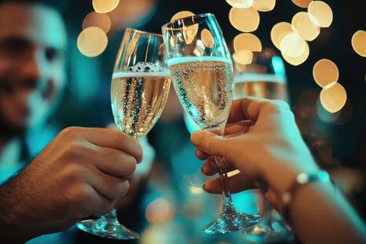 A joyful celebration with sparkling wine glasses clinking together, creating a festive atmosphere filled with warmth and connection among friends.