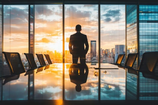 A businessman stands silhouetted against a stunning cityscape sunset, reflecting on success and future goals from a modern office.