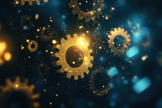 Golden gears float in a dynamic space, glowing with light and digital effects, creating a captivating abstract scene. Perfect for technology themes.