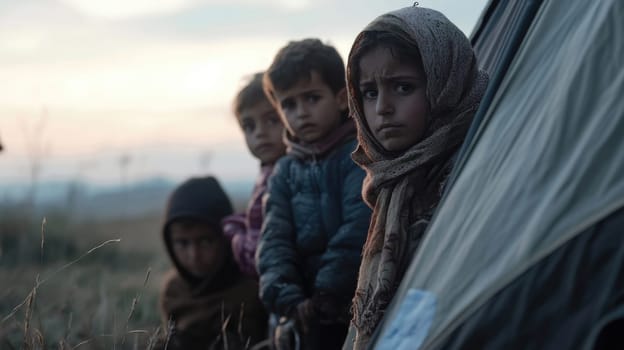 Faces of displacement: portrait refugees driven by conflict, poverty, environmental catastrophes, reflecting human cost major international issues, importance of empathy in finding lasting solutions