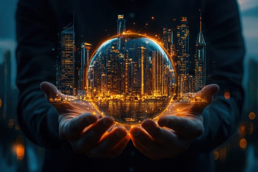 A mesmerizing portrayal of a futuristic city encapsulated within a glowing glass sphere, combining urban lights and a night sky for a captivating effect.