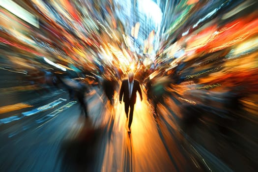 A striking image of a businessman walking through a vibrant city street. The abstract motion creates a sense of energy and excitement with colorful lights.