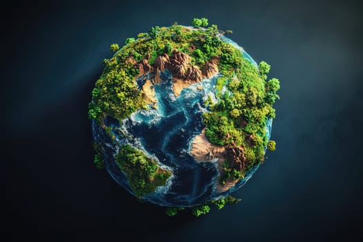 A stunning artistic representation of a vibrant planet filled with lush greenery and surrounded by deep waters, showcasing the beauty of nature and the importance of environmental conservation.