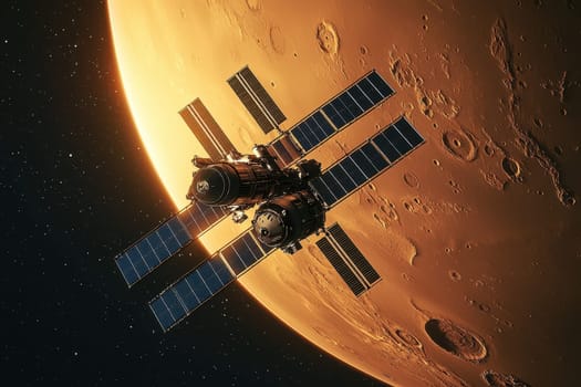 A detailed view of a spacecraft equipped with solar panels orbiting Mars, highlighting the beauty and advances in space exploration technology.