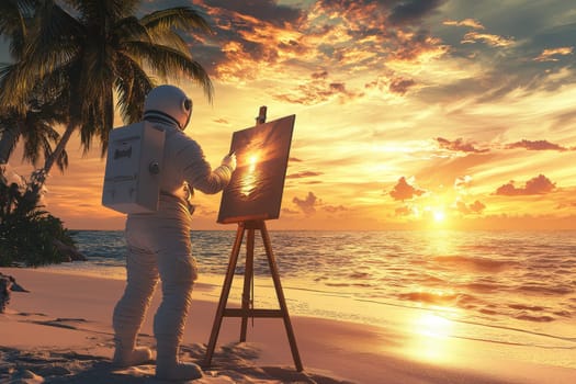 An astronaut engaged in painting a breathtaking sunset on a tropical beach, capturing the serene beauty of the ocean waves and palm-fringed landscape.