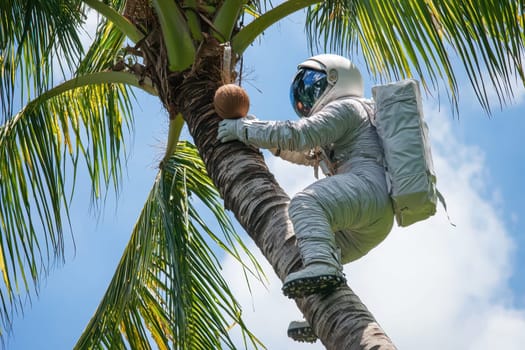 An imaginative scene featuring an astronaut climbing a palm tree to collect a coconut, set against a bright blue sky, showcasing creativity and humor in nature.