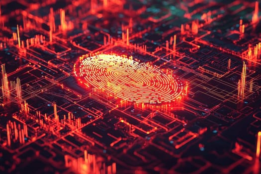 This image features a vibrant digital fingerprint surrounded by intricate neon red patterns, symbolizing technology and security in the digital age.