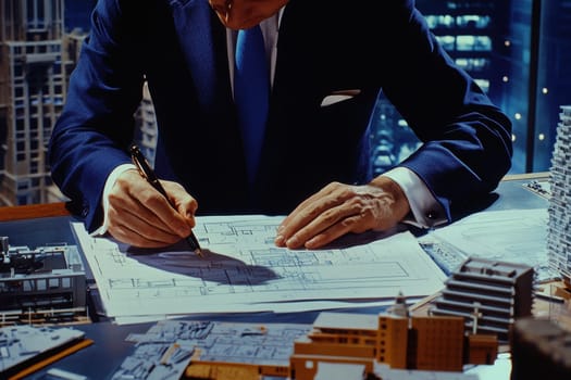 A dedicated architect sketches detailed blueprints for innovative designs in a modern office illuminated at night. The scene showcases an engaging workspace.