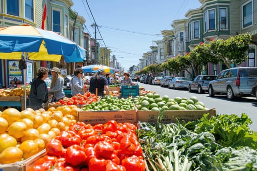 A street market with a variety of vegetables and fruits for sale. The market is located in a city with many cars parked along the street