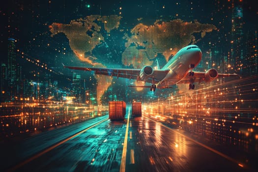 Dynamic scene depicting an airplane taking off over a glowing world map with urban lights and cargo containers, symbolizing global travel and commerce.