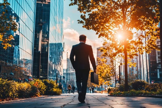 A businessman walks confidently through a vibrant urban landscape during sunset, framed by modern buildings and nature, capturing a moment of professional life.