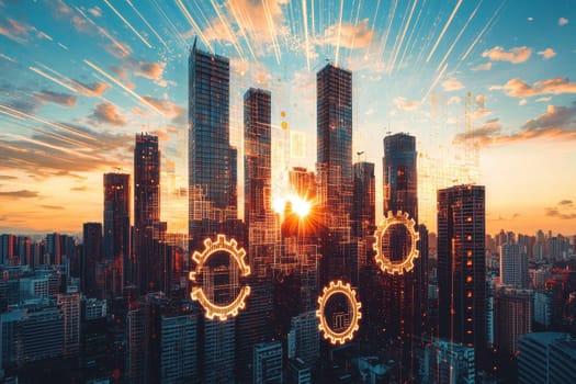 Captivating urban skyline during sunset with creative digital gear symbols overlay, representing innovation, technology, and growth in the city.