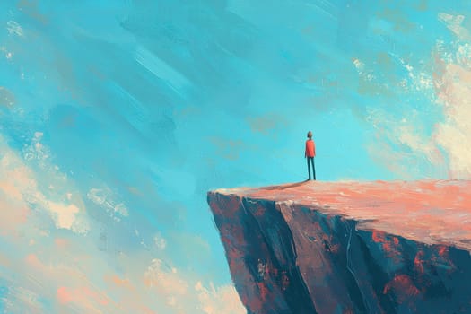 A lone figure stands on a rocky edge, gazing into the expansive blue sky. This artwork captures emotions of solitude, freedom, and the spirit of exploration.