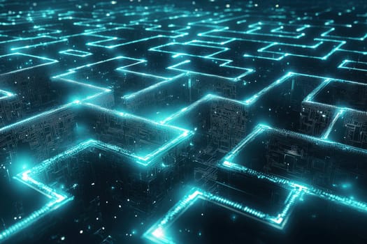 Explore a captivating futuristic maze illuminated with glowing neon circuit patterns in a dynamic digital space, perfect for technology-themed projects.