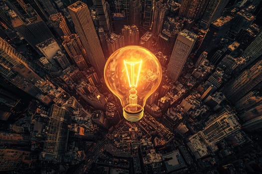 An aerial view showcasing a vibrant urban cityscape with a giant light bulb floating above, representing innovation and creativity in modern architecture.