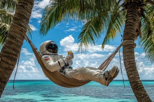 An astronaut enjoys a unique moment of relaxation, swinging in a hammock between palm trees on a stunning tropical beach, complete with an azure ocean backdrop.
