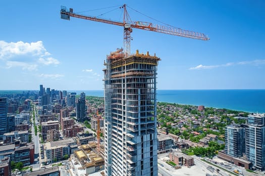 A stunning aerial view of a high-rise building under construction featuring a crane, surrounded by cityscape and a clear blue sky.