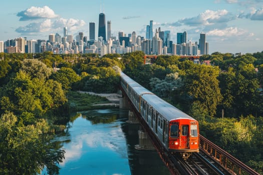 A vibrant red train traverses a bridge against the iconic Chicago skyline, showcasing the blend of urban life and natural scenery.