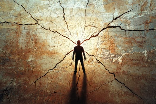 A solitary man stands before a cracked wall, embodying themes of breakthrough and new beginnings, with light breaking through to symbolize hope and potential.