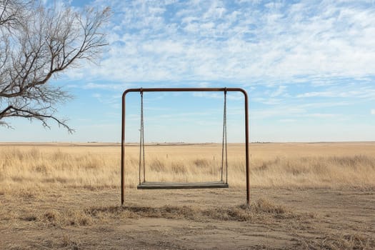 A solitary swing set stands in a vast meadow under a blue sky, evoking feelings of nostalgia and tranquility in an expansive rural landscape.