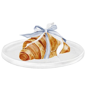 Croissant on a plate watercolor. Hand drawn fresh french bun with a vintage bow. Food clip art. Ideal for bakery prints, postcards and pastry shop posters. High quality illustration