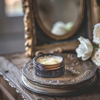 Cosmetic cream in a glass jar. Skin care concept. Background for beauty products