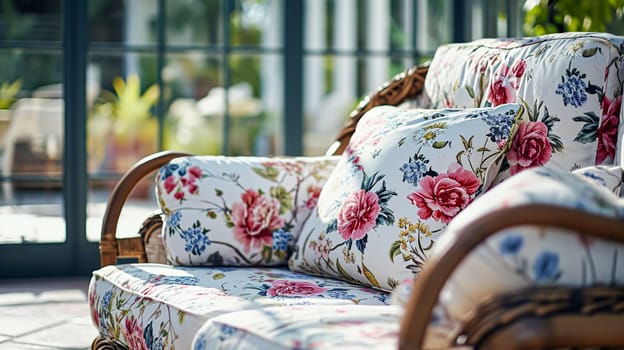 Colorful pillows on sofa against glass wall of window in a winter garden or conservatory. Interior textile concept. High quality photo