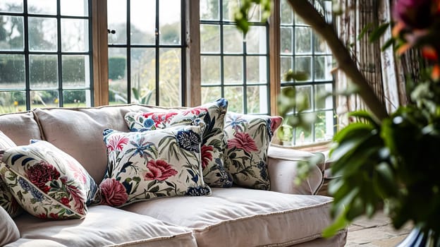Colorful pillows on sofa against glass wall of window in a winter garden or conservatory. Interior textile concept. High quality photo