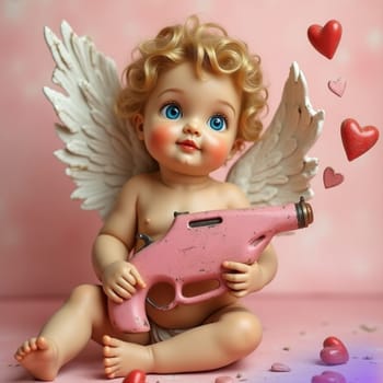 Cupid cute little boy angel with gun, pink background, valentine's day. High quality 3d illustration