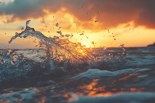 Splash of sea wave with large transparent drops at sunset. Cinematic style.
