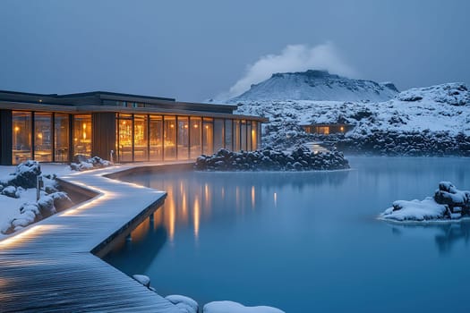 Hot springs and hotel after sunset with heavy steam over the water. Wooden lodges of the hotel with geothermal springs. Healthy holiday