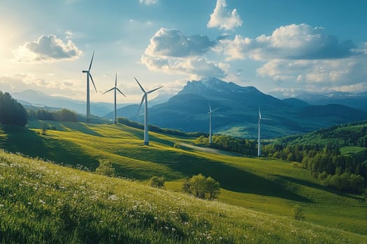 Wind power generation using wind turbines, clean technology, renewable energy source. Wind generators on green hilly terrain.