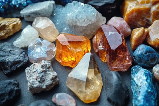 Precious natural materials in nature. Real semi-precious stones: amber, graphite, rose quartz, citrine, agate and others.