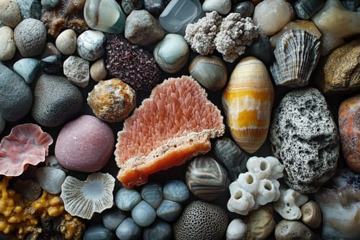 Different colored shells, corals and stones on the beach. Close-up of sea stones and shells.
