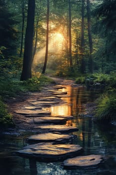 Magical landscape with a rocky path through the forest in the morning sun. Wonderful natural background. Sun rays among the trees.