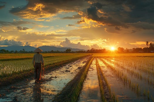 An asian farmer in bamboo hat working in rice fields at evening sunset. Beautiful natural landscape of asia.